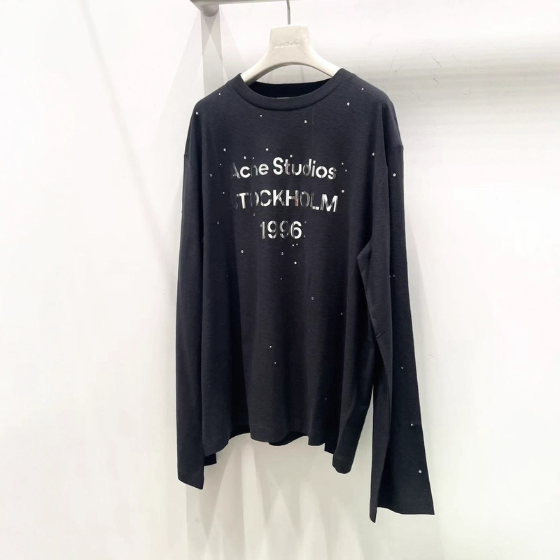 Autumn and Winter Ac Letter Print Hot Diamond Long-Sleeved Loose Casual High-Quality Versatile Round Neck Top