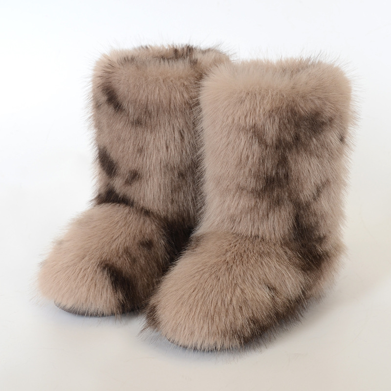 女性用ファーブーツ、暖かく滑りにくいクロスボーダー模造キツネミッドチューブ模造タヌキ毛皮冬スノーブーツ