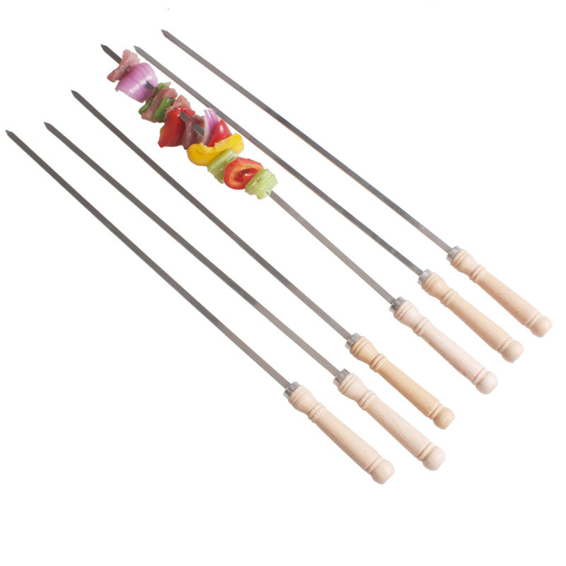 [Fuente de fábrica] aguja de barbacoa de acero inoxidable barbacoa palo de cordero cadena plana mango de madera Tarjeta de succión barbacoa cadena