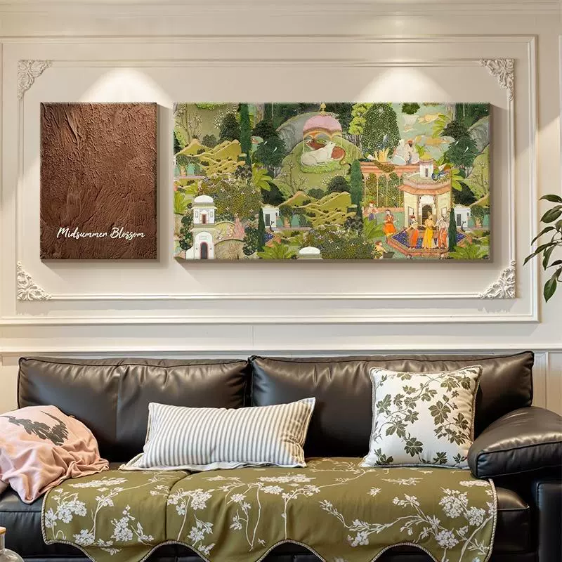 法式复古沙发挂画小众艺术绿色壁画中古风适合客厅大白墙的装饰画