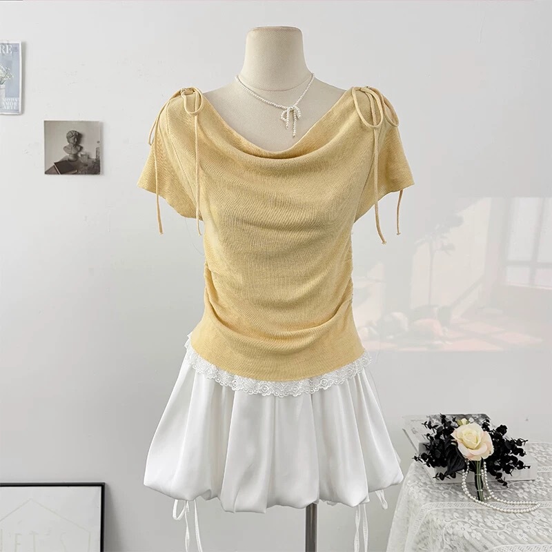 Lace Stitching Swing Collar Short-sleeved Knitted Sweater Women's Summer New Arrival Ruffled Waist Strap Short Top Women's Trendy