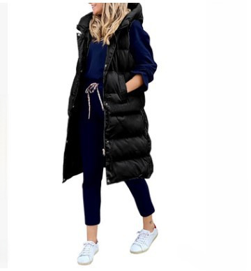 Giacca lunga imbottita in cotone con cappuccio tinta unita autunno e inverno 2022 da donna, giacca monopetto con cerniera senza maniche, calda e casual alla moda_voghion.com