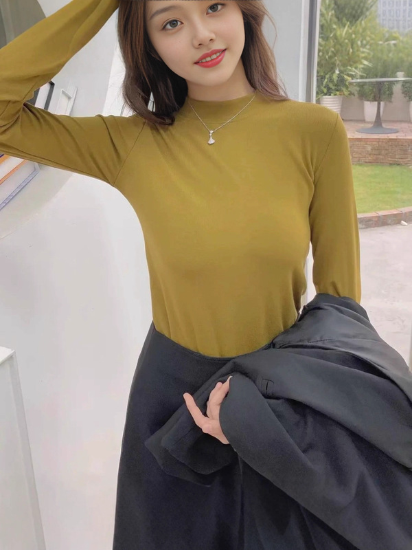 2025新款女士纯色长袖时尚百搭显瘦打底衫T恤春秋中领上衣半高领|undefined