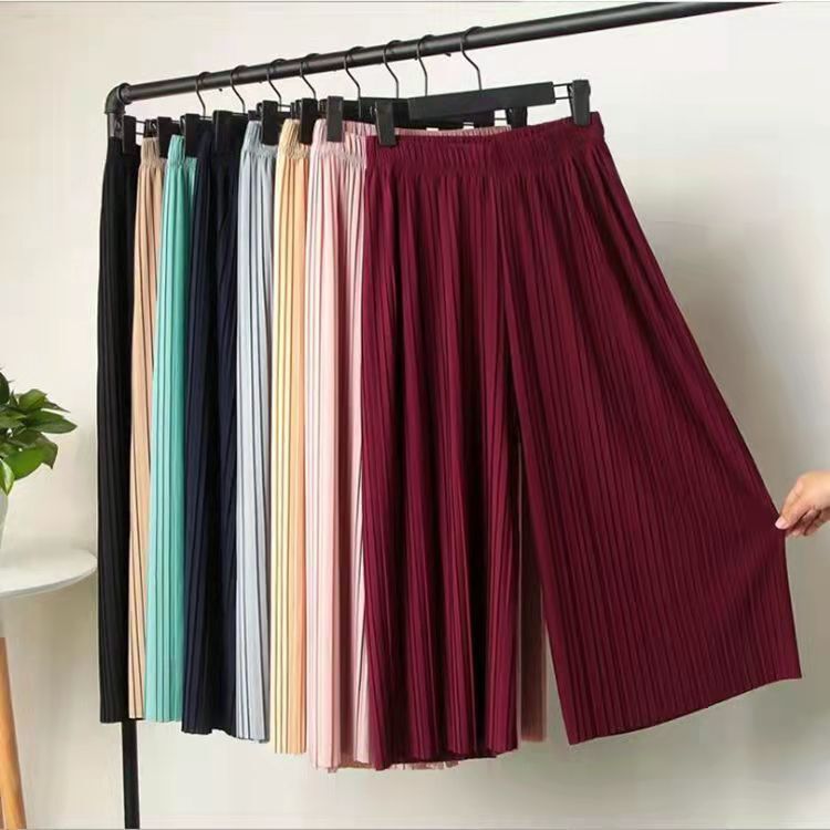 Pleated Wide-Leg Pants for Women, Summer Chiffon Nine-Point High-Waisted Loose Pants, Culottes, New Fashionable Large Size Women's Pants, Slimming Look