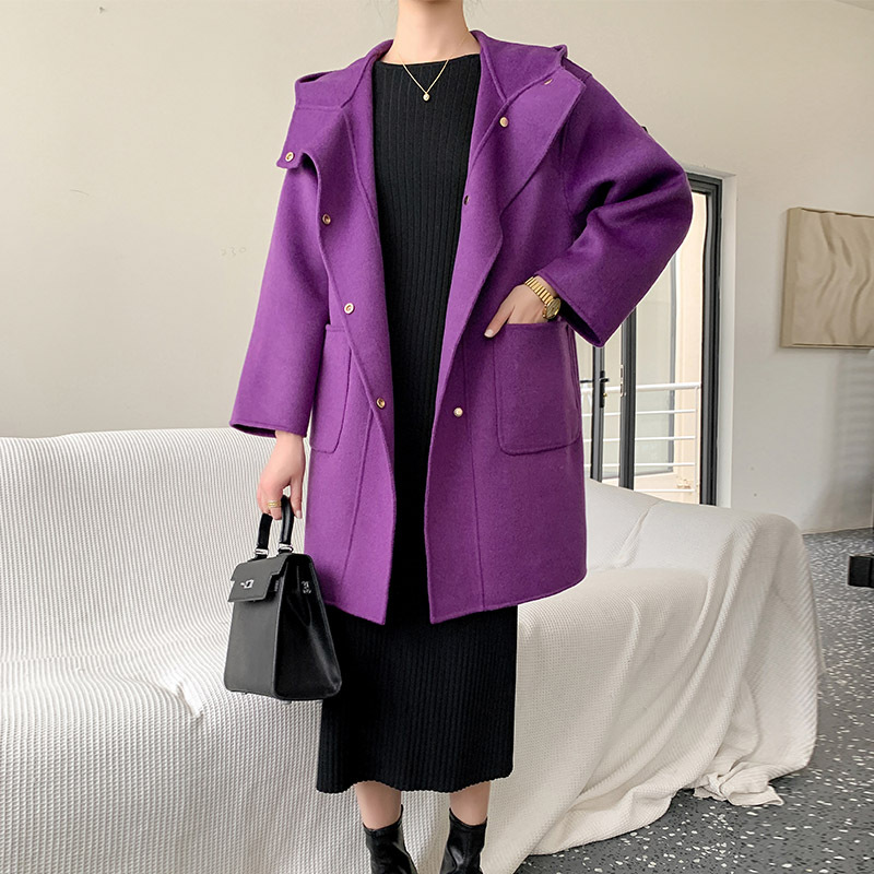 Purple double-sided cashmere woolen short long-sleeve with hood