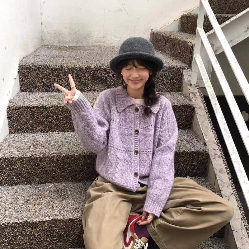 巨好看设计感韩里韩气翻领减龄绿色毛衣上衣女款2025新款秋装外套|undefined