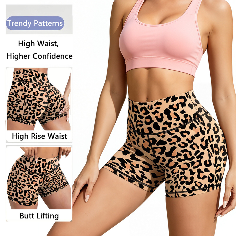 Cross-Border Exclusive Supply of Women's Cycling Shorts, Leopard Print High-Waisted Yoga Shorts, Tummy Control Training Yoga Pants, In-Stock Dropshipping