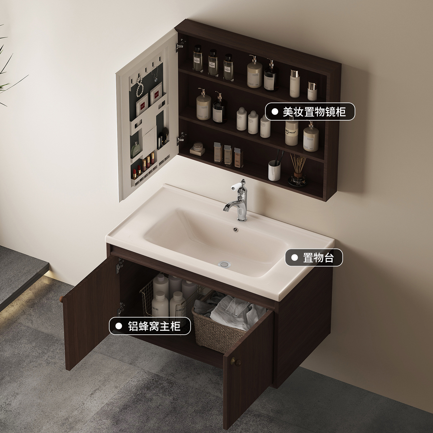 A prueba de humedad panal de abeja gabinete de baño color nuez estilo medieval lavabo de cerámica caqui en una bañera lavabo lavabo