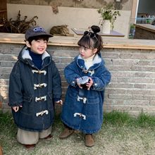 儿童2024冬季新款加厚牛仔连帽外套男女宝宝兔毛绒长款大衣风衣
