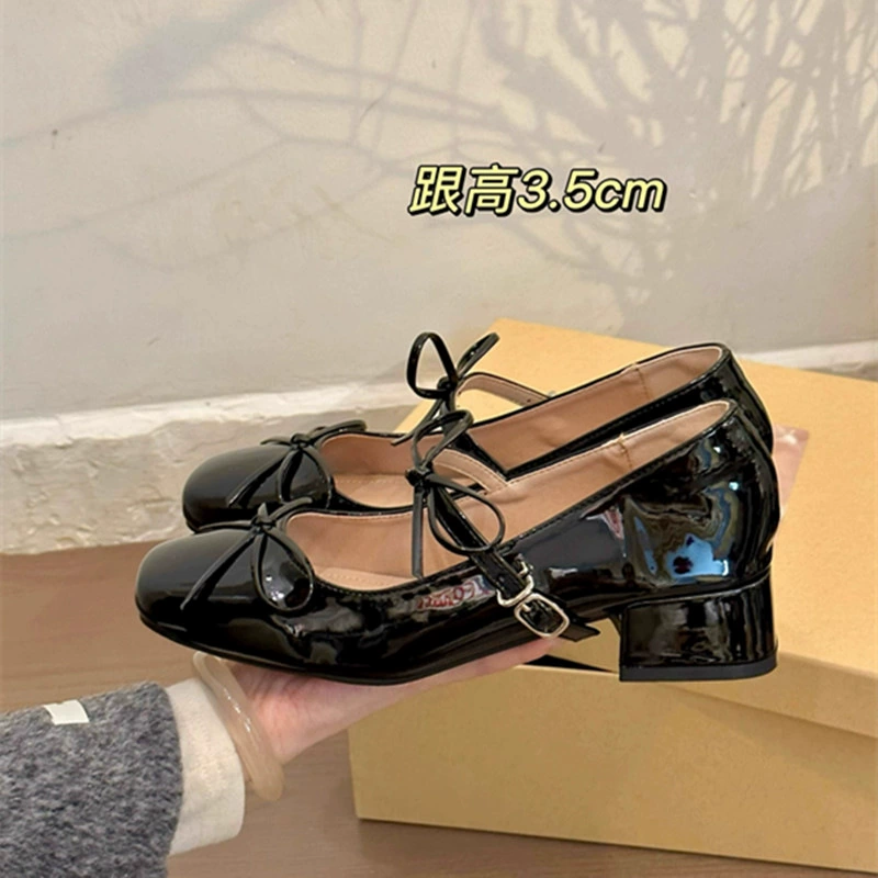 Туфли Mary Zhen с круглым бантом на голове и одним ремешком, женские, весна 2025, лёгкие, на толстом каблуке, серебристые, маленькие кожаные туфли