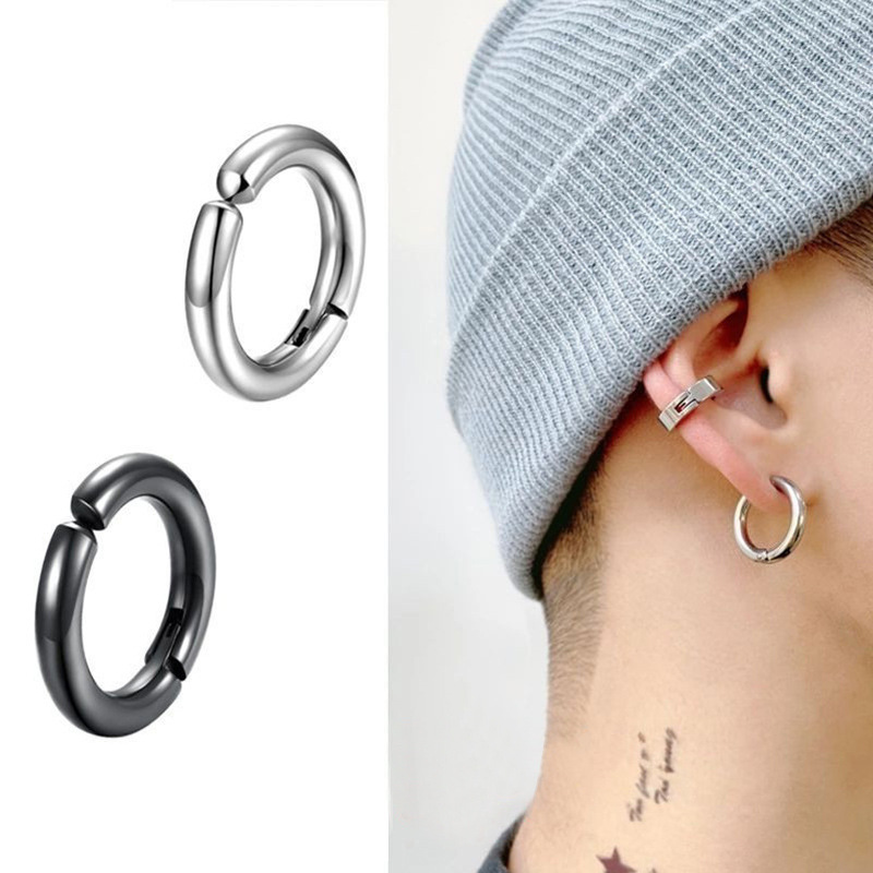 Ins European and American Minimalist Hip-Hop Style Titanium Steel Fake Earrings Ear Clips for Men and Women Dark Punk Style Earrings Trendy