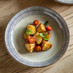 復古又實用的碗盤餐具套件系列家用面碗敞口碗沙拉盤日式線條菜盤