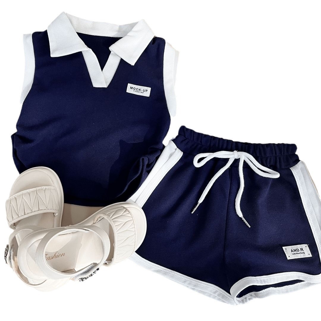 소녀 여름 새 세트 어린이 민소매 폴로 셔츠 세련된 투피스 캐주얼 세트 28075