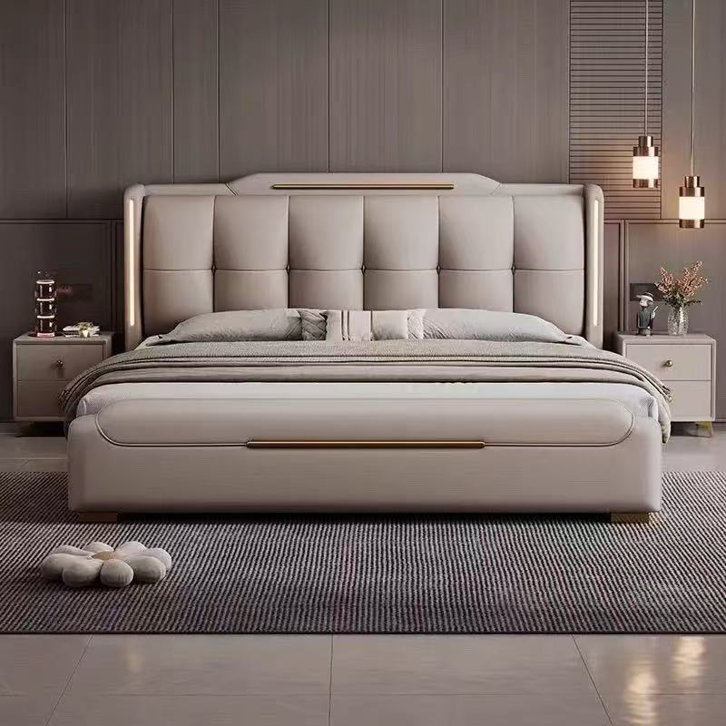 2026 new model: Italian-style, light luxury, genuine leather bed, modern and minimalist design, double bed (1.8m), master bedroom bed (1.5m), storage bed