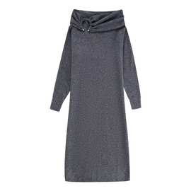 外贸2023欧美冬新款时尚一字领褶皱长袖灰色长裙连衣裙女3653005