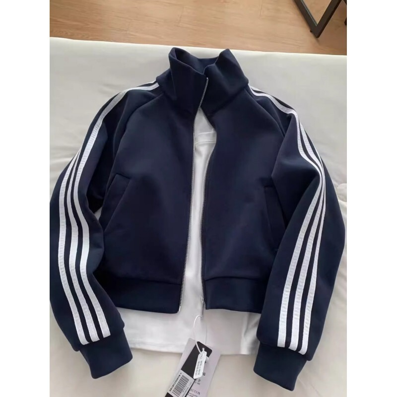Cotton Blend Navy Blue Three-Stripe Short Sweatshirt Trendy Brand Jacket Unisex Spring and Autumn Baseball Jacket with Zipper