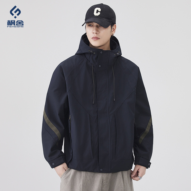 Fengshe Men's Clothing / Spring and Autumn New Style Patchwork Design Hooded Jacket Men's American High Street Loose Casual Jacket