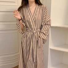 浴袍女四季通用睡袍高级条纹长款和服ins宽松慵懒复古睡衣家居服