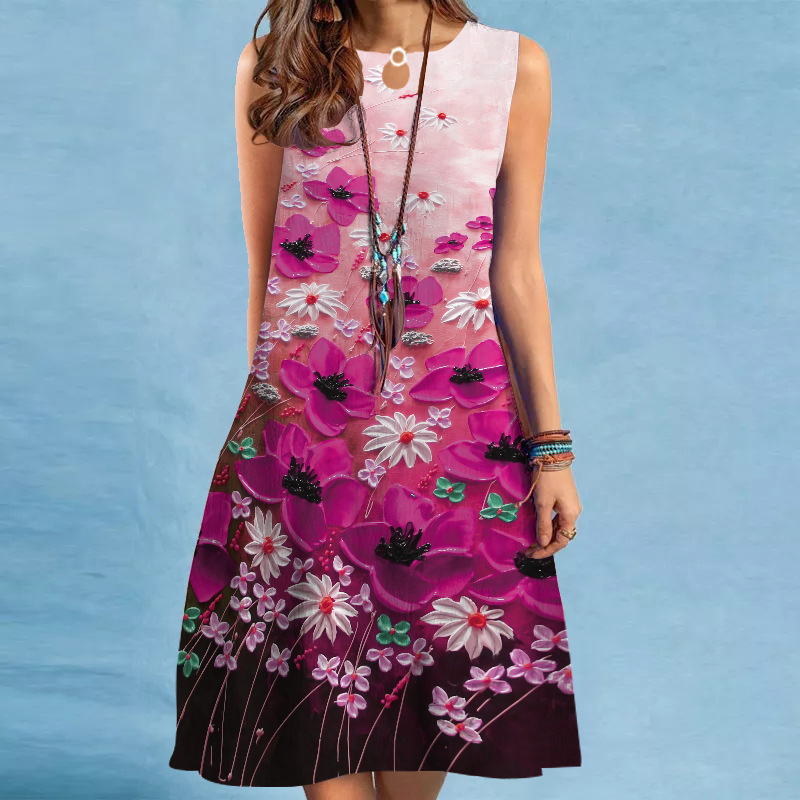 Women's Sleeveless Printed Maxi Dress With Large Hem For Summer_voghion.com