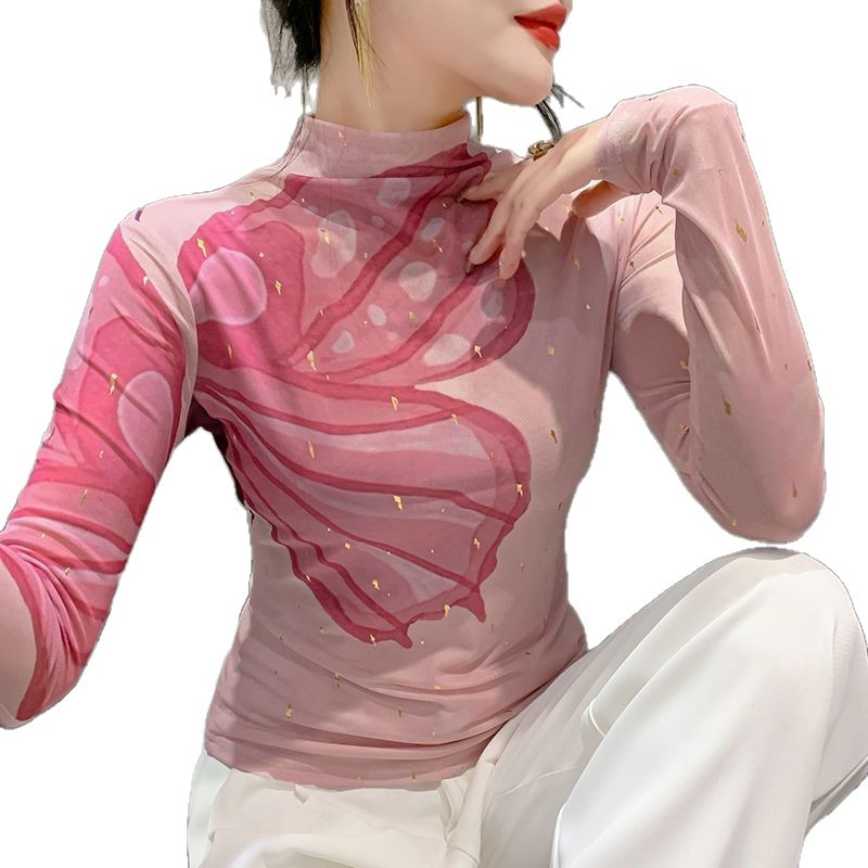 Şık ZarafetŞık ZarafetŞık ZarafetŞık Moda Avrupa Tarzı Baskılı İç Katman 2025 Yeni Trend Yüksek Yakalı File Üst Slim Fit Uzun Kollu Kadın Tişörtü_voghion.com