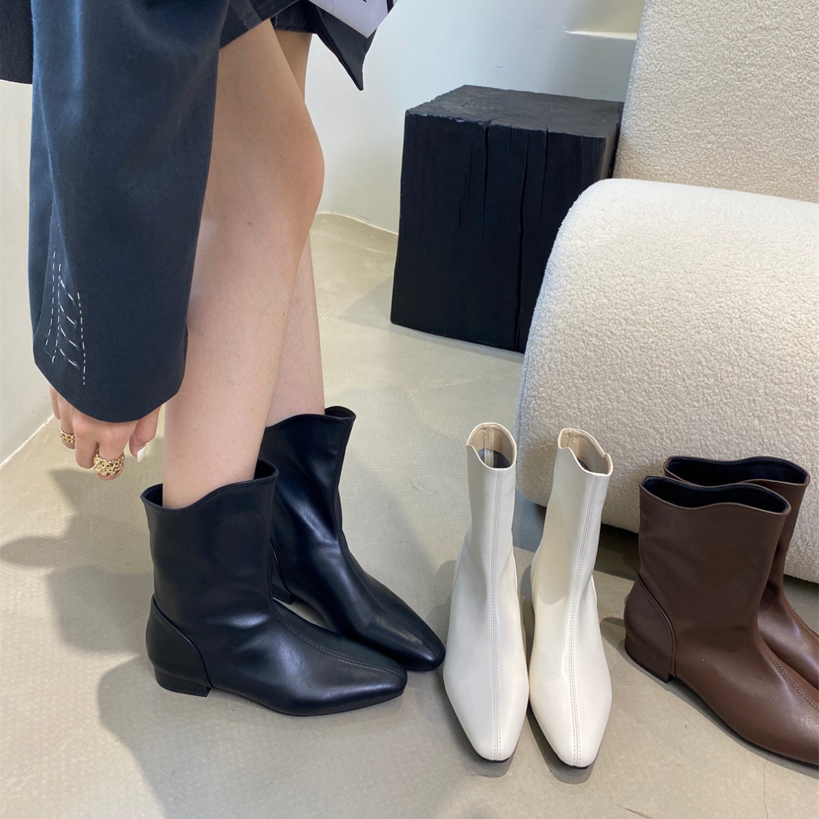 Chunky Heel French Short Boots for Women 2025 Autumn and Winter New Square Toe Ankle Boots Elastic Slim Boots Low Heel Martin Boots