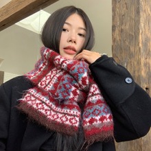 费尔岛风羊毛混纺针织围巾女秋冬含羊毛保暖学生圣诞毛线围脖批发