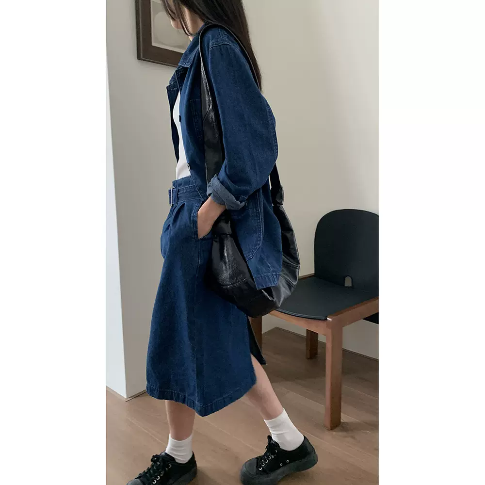 誉一新款2023初秋休闲牛仔套装女长款外套+A字半身裙女