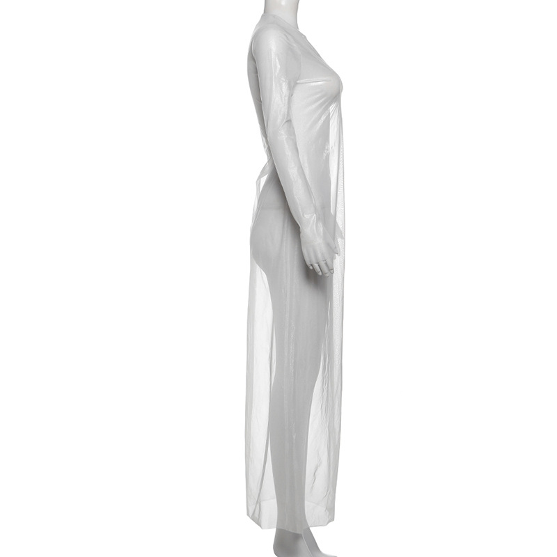 Autumn Winter Women round Neck Long Sleeve Sexy See through High Waist Figure Flattering Sheath Dress