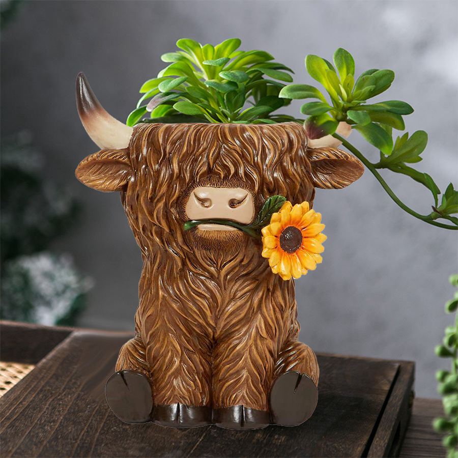 Highland Cow 高地牛花盆 卡通黄色牛多肉树脂摆件动物桌面摆件