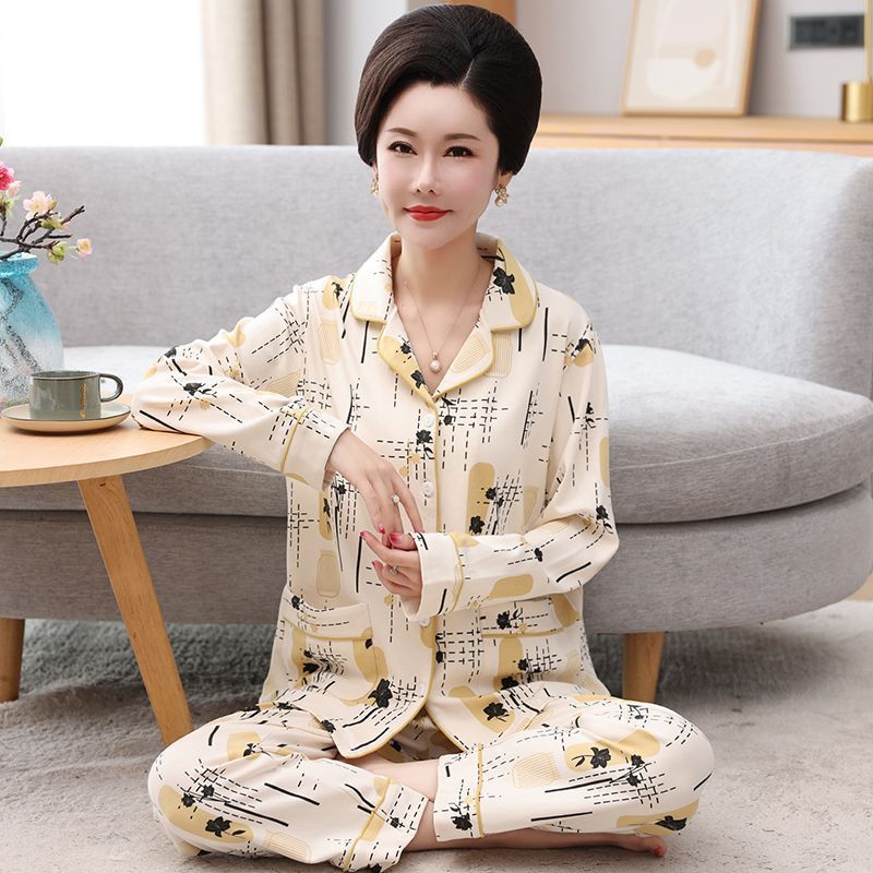 Pijamas de mujer de mediana edad 100% algodón Pijamas de mujer de verano de manga larga de mediana edad y madres ancianas usan traje Delgado