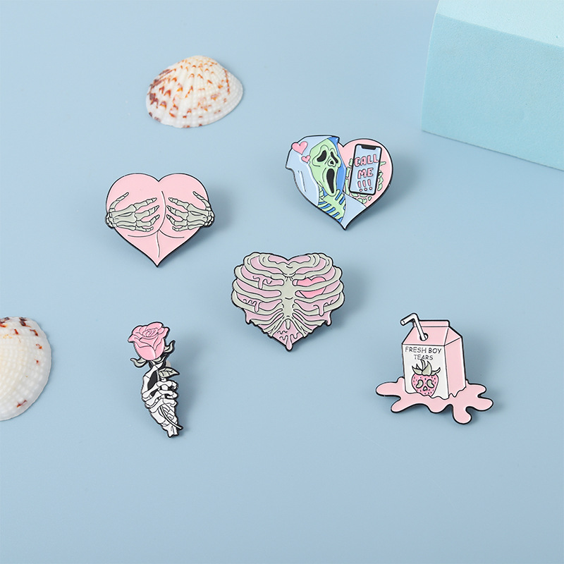 Fashion Creative Pink Skull Hollow Heart Shaped Milk Gesture Rose Cartoon Dripping Enamel Brooch