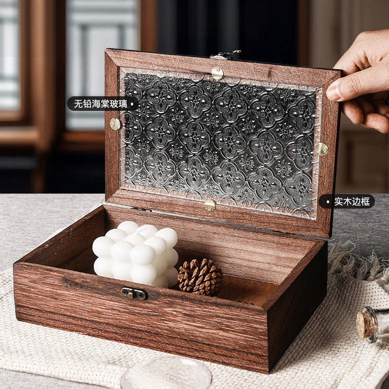ヨーロッパのレトロな木製ベゴニアの花ガラス収納ボックス装飾品デスクトップ整理フリップ木箱化粧テーブル装飾ボックス|undefined