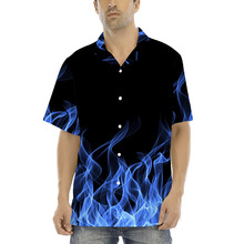 2024年夏威夷蓝色火焰印花男士欧码夏威夷衬衫外贸专供男士衬衣