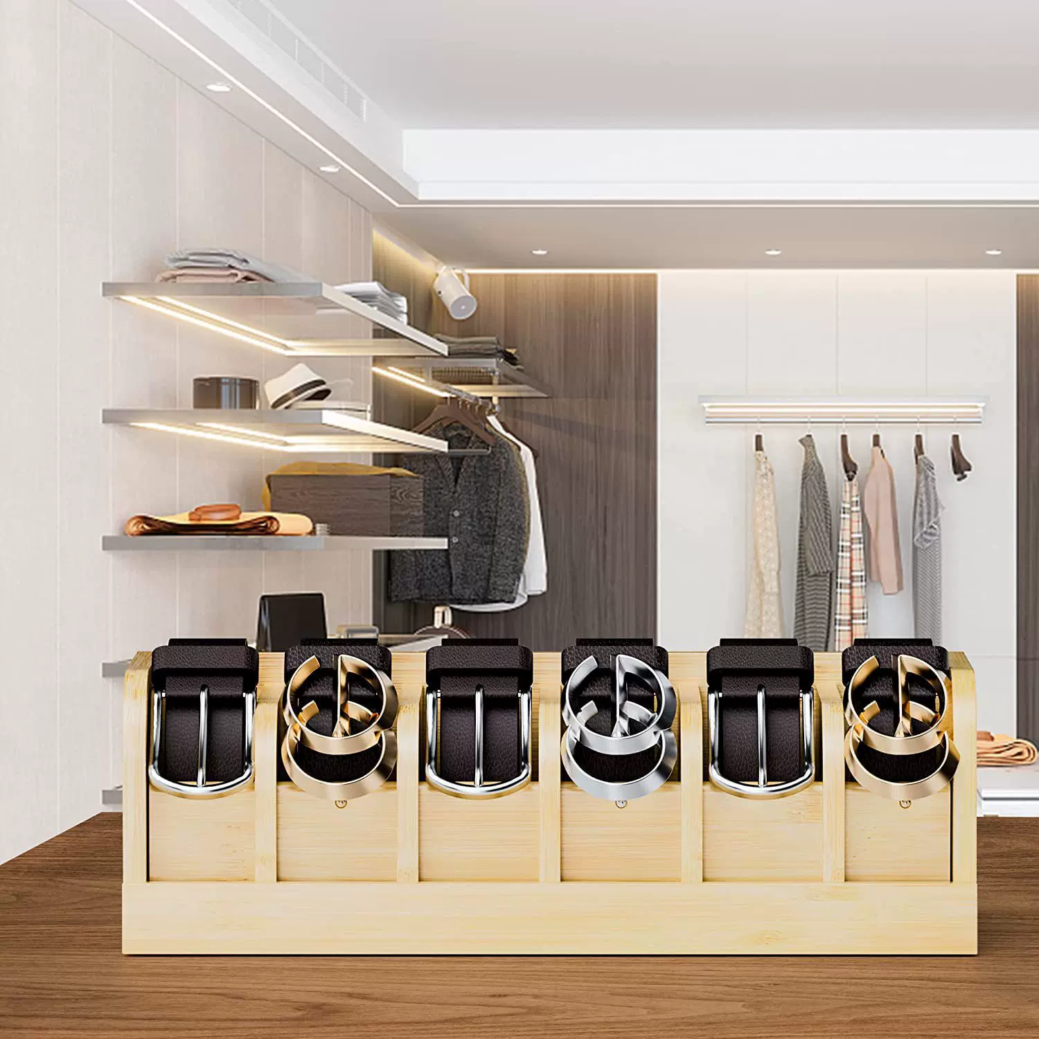 跨境竹制腰带收纳盒竹木衣帽间腰带存储盒实木分格配饰整理展示盒