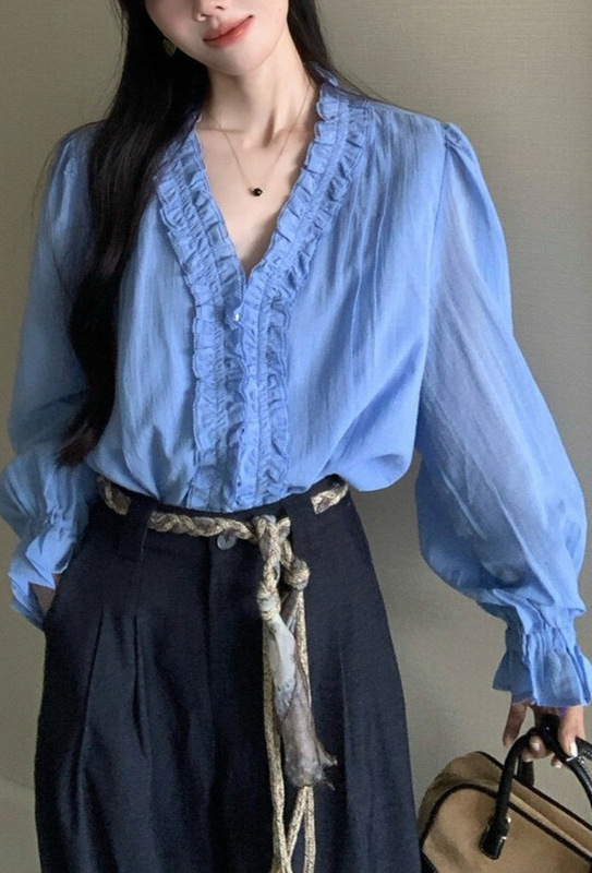 法式小资蓝色木耳边长袖衬衫女秋季新款高级感宽松显瘦喇叭袖上衣|undefined