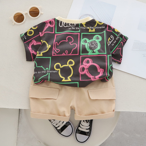 T-shirt Letter Print Two-Piece Summer Set for Boys with Round Neck Short Sleeve Casual Clothing