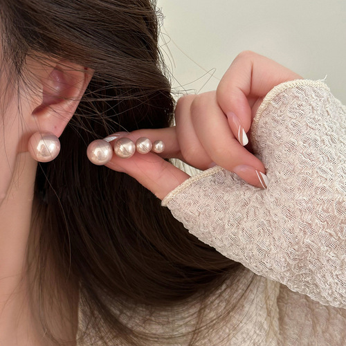 Champagne pink bright pearl earrings simple light luxury fashionable earrings  new round pearl earrings earrings