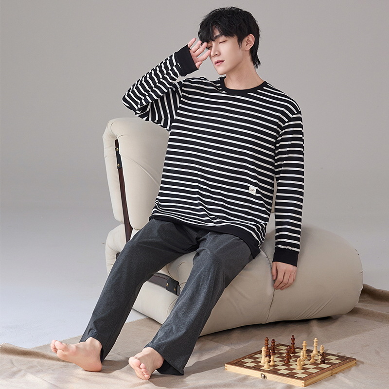 Pijamas de algodón de manga larga para hombres primavera y otoño ocio simple algodón 2024 nuevo conjunto de ropa de hogar de cuello redondo juvenil