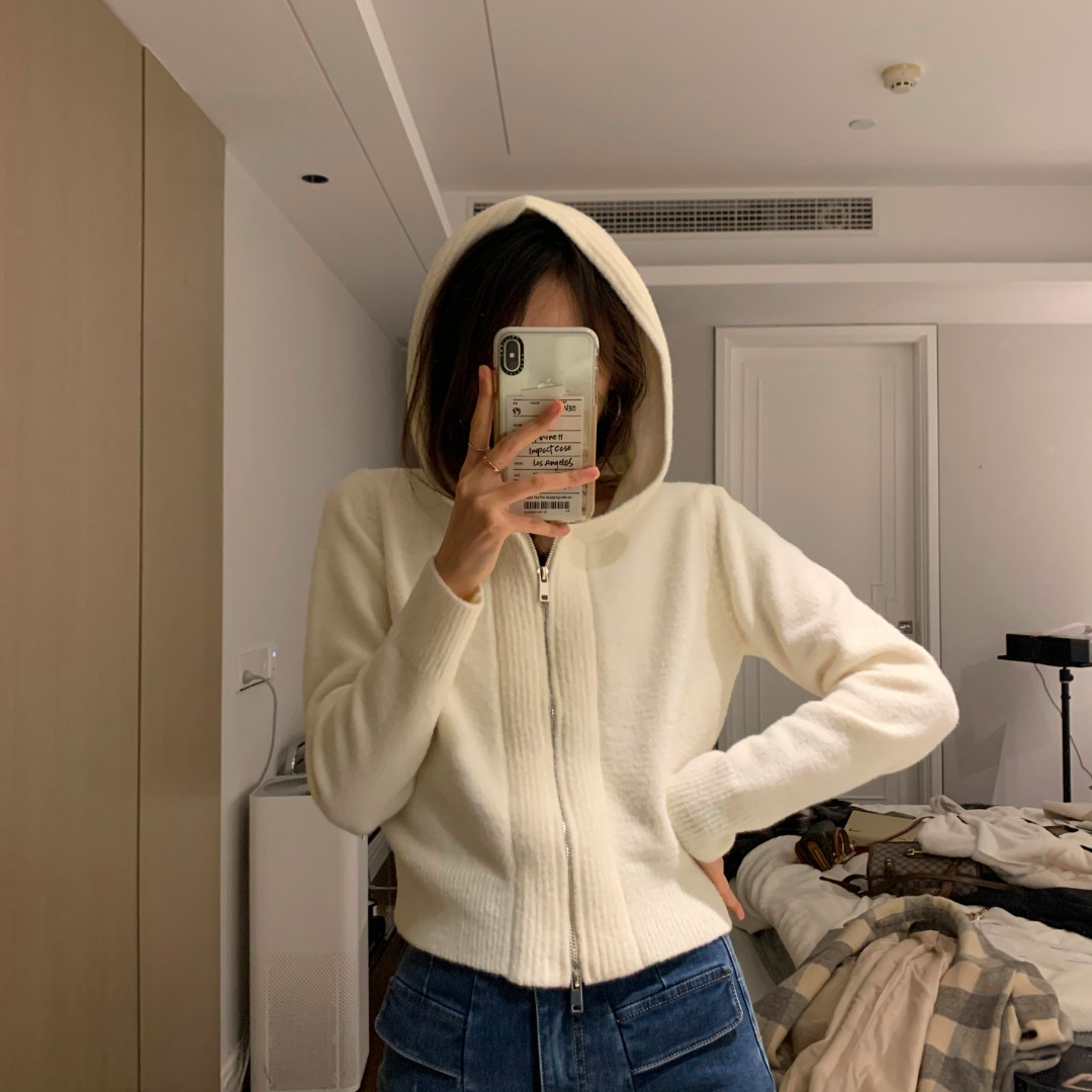 Hooded Zipper knitted cardigan women's early spring 2023 new short white sweater coat inner hoodie top