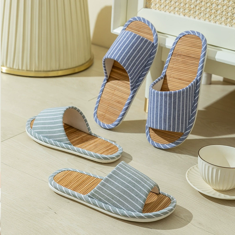 Летние бамбуковые сандалии и тапочки для женщин, домашние Нескользящие парные домашние тапочки в японском стиле с вертикальной полосой, бамбуковые тапочки для пола для мужчин