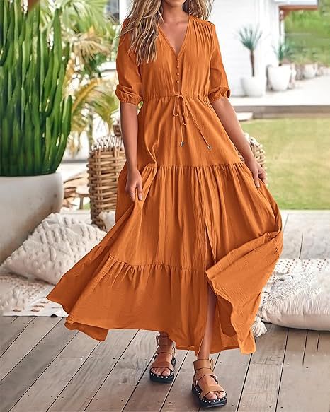 Femmes Robe Régulière Style Simple Col En V Bouton Manche Courte Couleur Unie Maxi Longue Robe Du Quotidien display picture 2