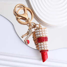 新款情人节珍珠镶钻口红钥匙扣韩版INS女包包挂饰汽车钥匙链挂饰