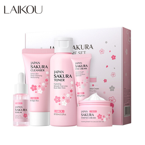 Cross-border LAIKOU Sakura Skin Care Gift Box 5-piece Set Essence Cream Brightening Water Facial Cleanser Moisturizing and Replenishing
