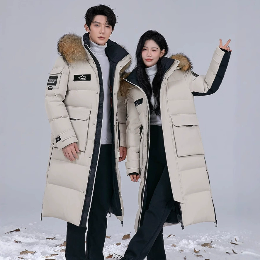 Новая серия 2025: Утепленный пуховик для экстремально холодной погоды, удлиненный, выше колена, для мужчин и женщин, с воротником из меха енота, для путешествий в северо-восточную часть страны.
