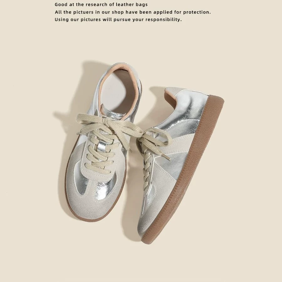Женские повседневные кроссовки в немецком стиле, коллекция 2025 года, серебристые, в корейском стиле, из натуральной кожи, универсальные спортивные кроссовки на плоской подошве, в стиле Форреста Гампа.