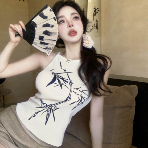 Retro print short suspender vest women's summer new tight-fitting and slimming inside with black hot girl outer top