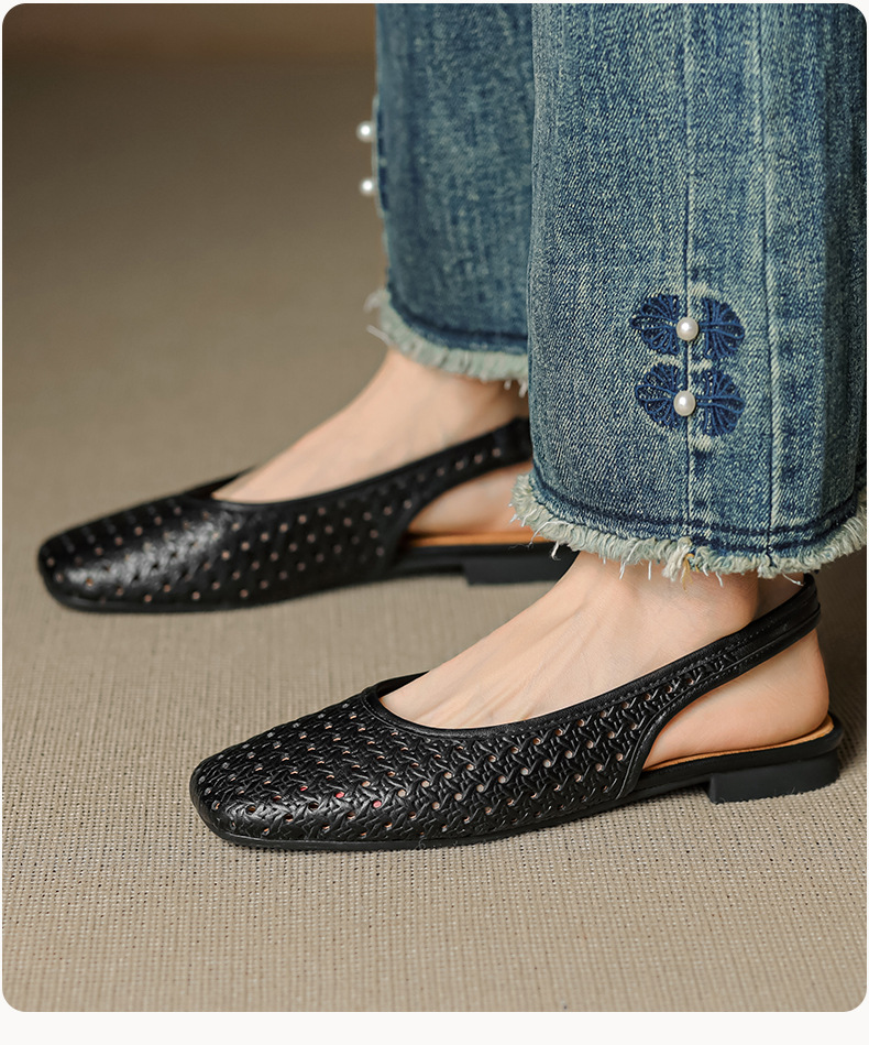 Sandal nữ đế bệt mũi bọc da bò, quai sau hở, phong cách vintage đan lỗ — đen chi tiết 8