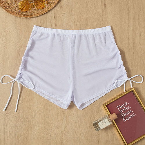 Pure Color Mesh High-Waisted Women's Swim Shorts with Drawstring Bikini Swimwear