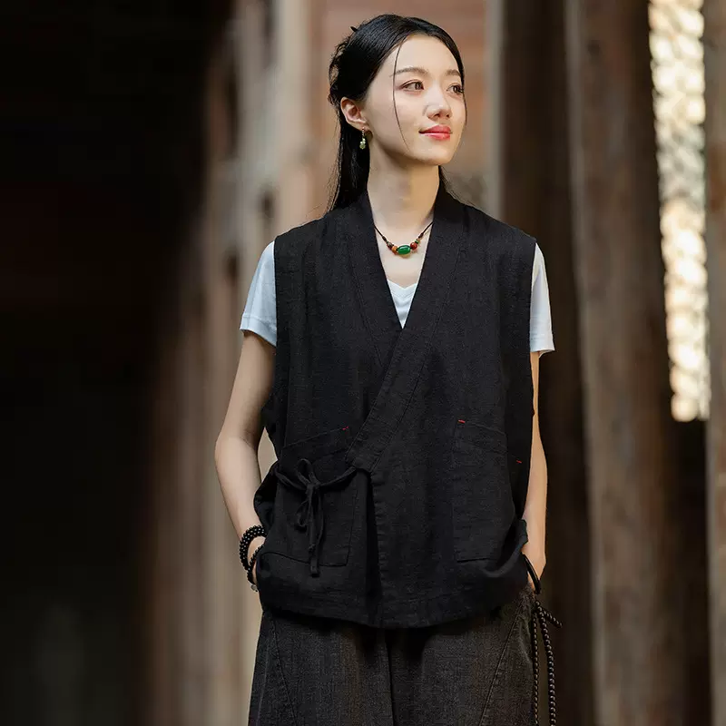 25秋季新款新中式砂洗马甲女款苎麻交领改良汉服国风坎肩背心