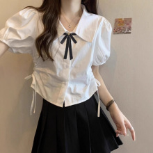 收腰衬衫女夏季短袖jk制服套装绑带白色衬衣学院风短款泡泡袖上衣